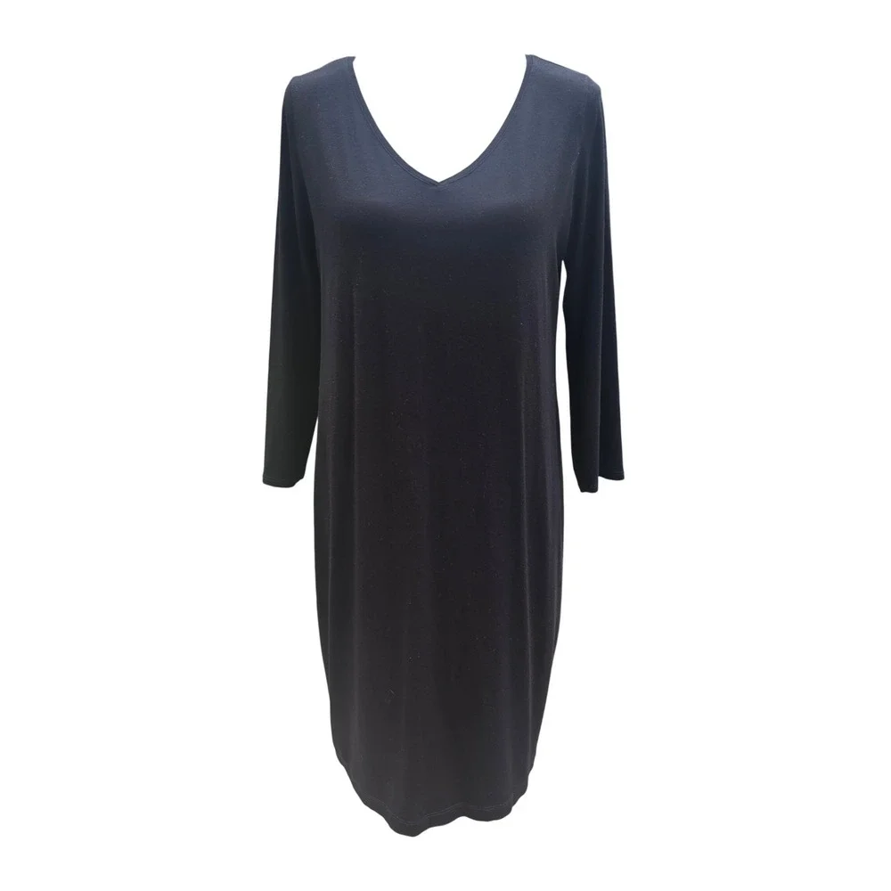 Eileen Fisher‎ 35P  Black Viscose Spandex V-Neck Long Sleeve Shift Dress Size M